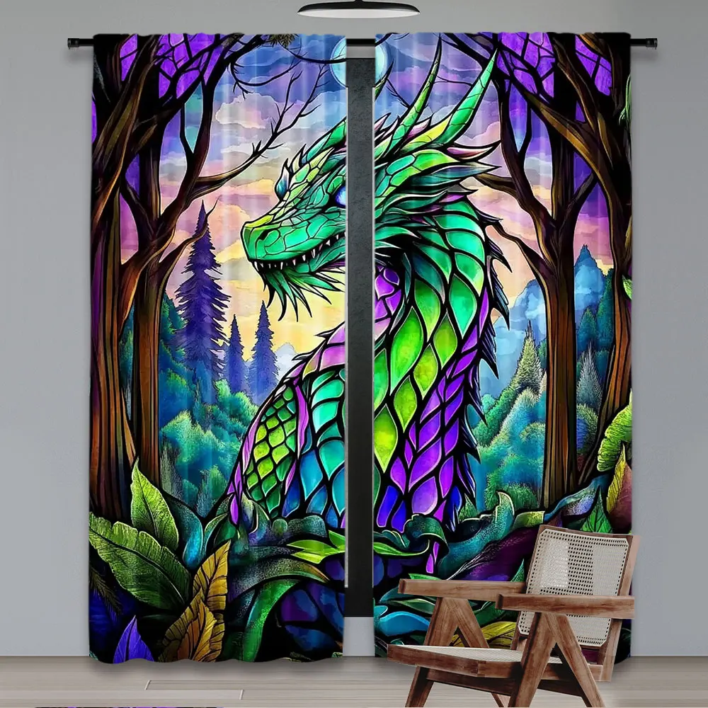 2Pcs Mysterious Forest Colorful Dragon Curtain Animal Print Curtain Suitable For Bedroom Bathroom Living Room Dining Room Study