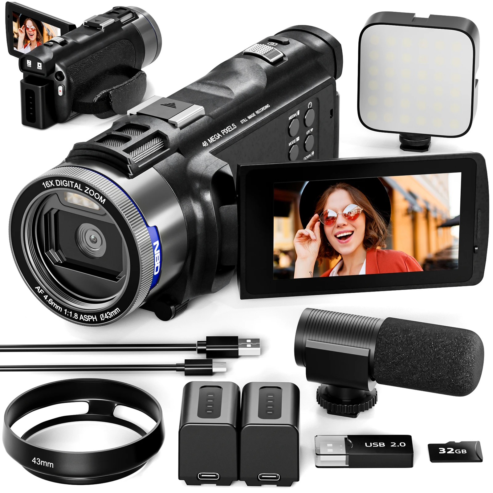 Videocámara NBD 5K de 48MP con 270° de ángulo de visión °   Cámara DV para Vlogging con Pantalla Abatible, Salida HDMI, Visión Nocturna, Micrófono Externo para Grabación de Viajes en YouTube, Negra