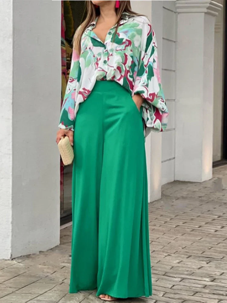 

Women Fashion Batwing Sleeve Wide Leg Two Piece Sets Womens Fall Elegant Long Pants Ladies Office Shirt 2 Piece Sets Clothes