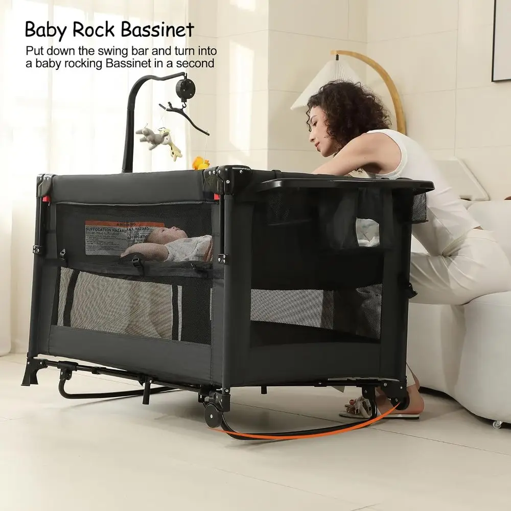 All-in-One Portable Playard, Bedside Bassinet Sleeper, Changing Table Playpen for Newborns to Toddlers (Black)