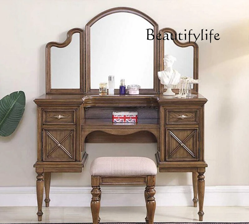 

Solid wood retro dresser dressing stool combination bedroom American simple small apartment with mirror makeup table