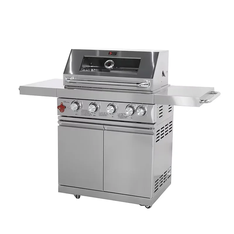 304 Stainless Steel Standalone 4+1 Burner Gas Barbecue Grill With Infrared Backburner, Glass Window, And Rotating Grill Plate