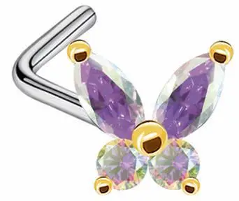 Lovely Zircon Nostril Screws Colorful Butterfly Nose Studs L-Bend Nose Rings for Nose Piercing Jewelry