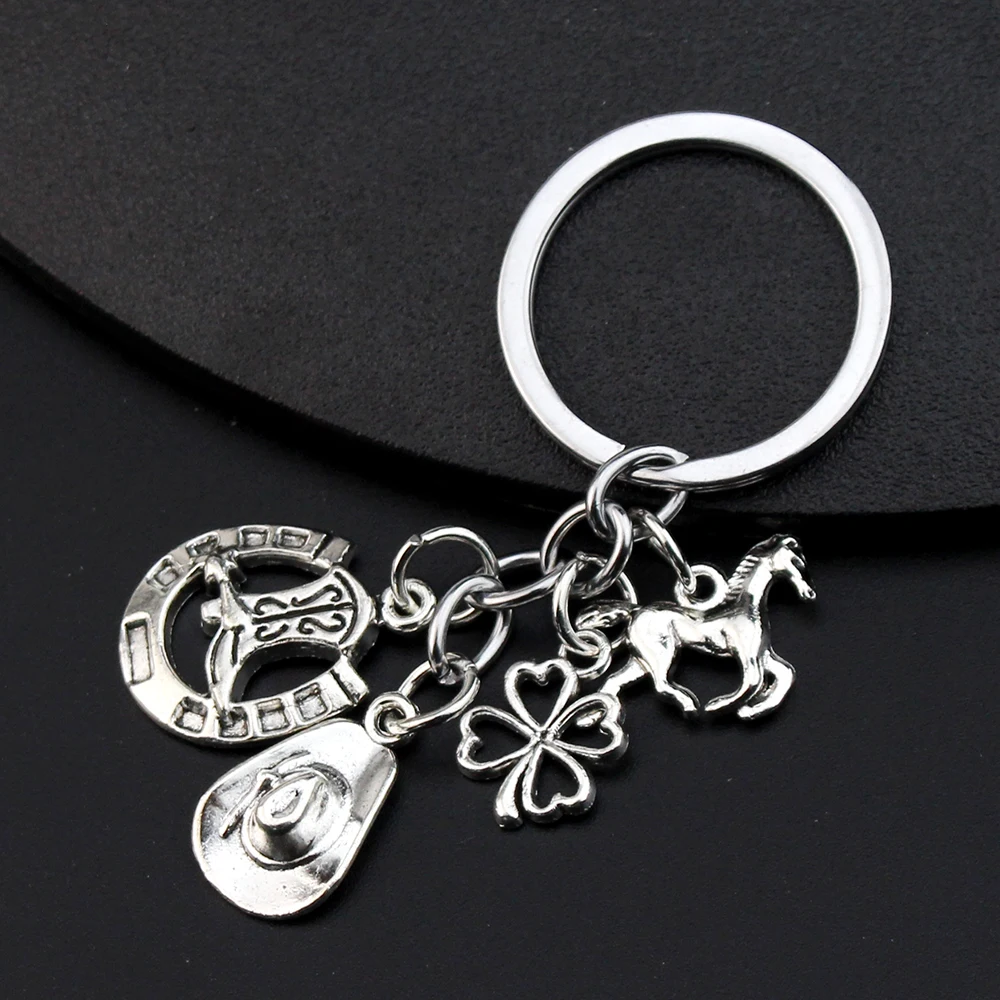 Clover Boot Charm Key Chain Cowboy Hat Keyring Horse Pendant Fashion Metal Jewelry for Men Women Christmas Thanksgiving Gift