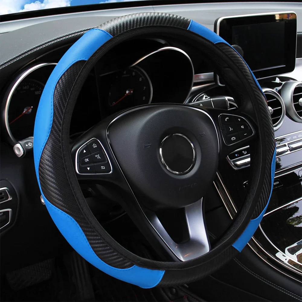 1PC Car Steering Wheel Cover Breathable Anti Slip PU Leather Steering Covers Suitable 38cm Auto Decoration Carbon Fiber