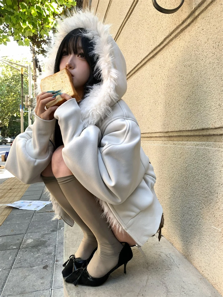 

White Fur Collar Hooded Jacket Women's Thickened Fleece Lined Zipper Short Cotton Coat Lazy Style Autumn Winter Outerwear