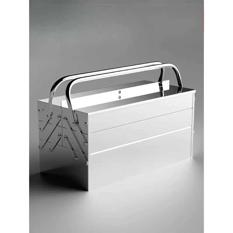 3-Tier Folding Stainless Steel Tool Box, Industrial Multi-purpose Storage Case for Home Hardware & Vehicle Carry