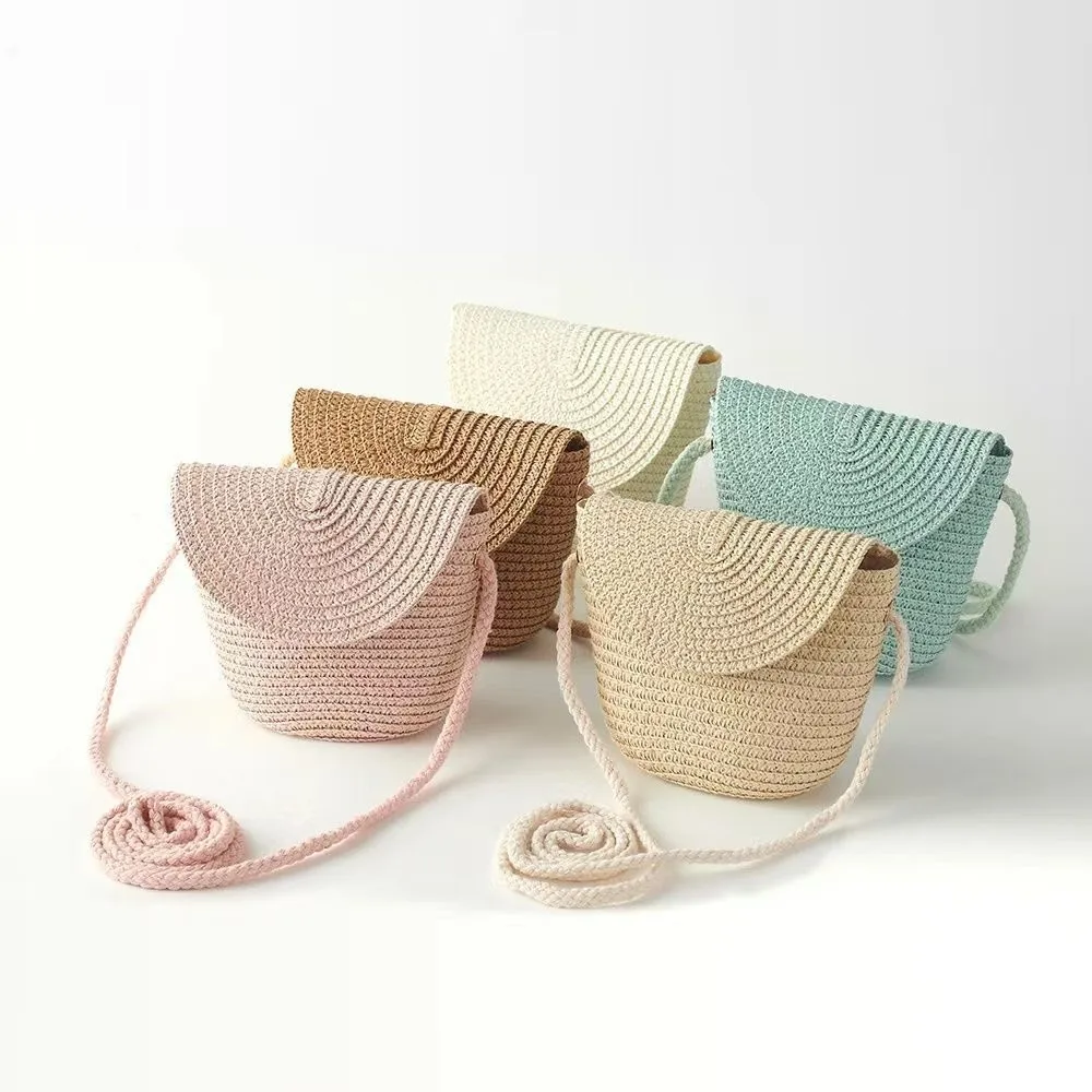 

Cute Shell Shape Children Straw Bag Pure Color Handmade Kid Woven Crossbody Bag Creative Half Round Handwoven Beach Bag Girls