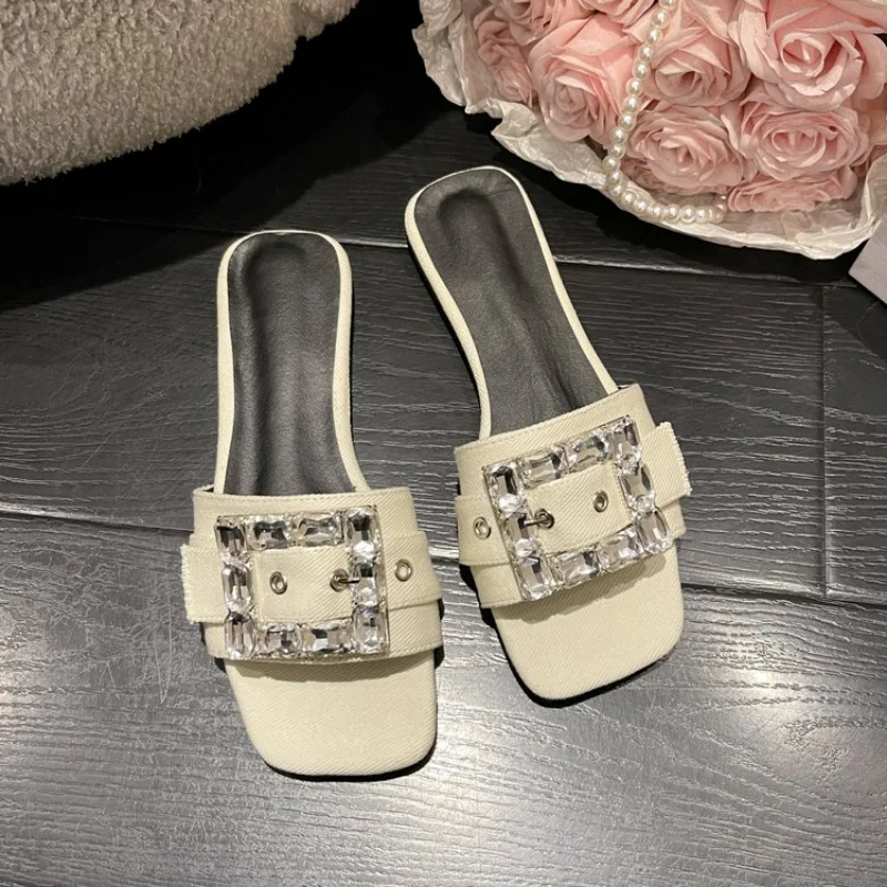 Metal Button Letter Decoration Women Slippers Summer Women Sandals  Flat Beach Shoes Ladies Sandals Beach Shoes Flip Flop