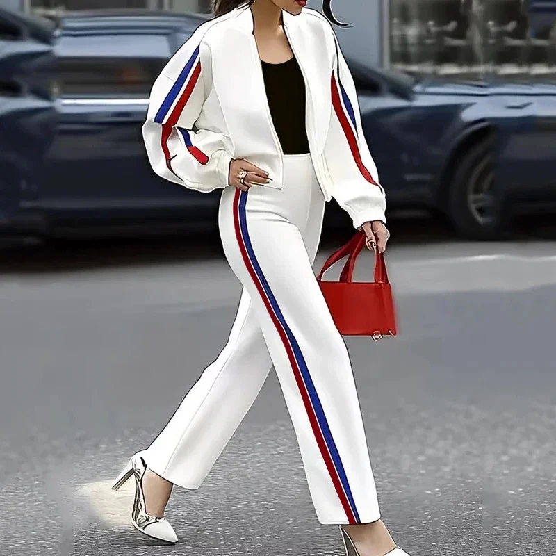 Krisnanas 2 Piece Sets Women Outfit Pant Sets Long Sleevesstriped Zipper Stand Collar Jackets & Straight Leg Pants 2024 New