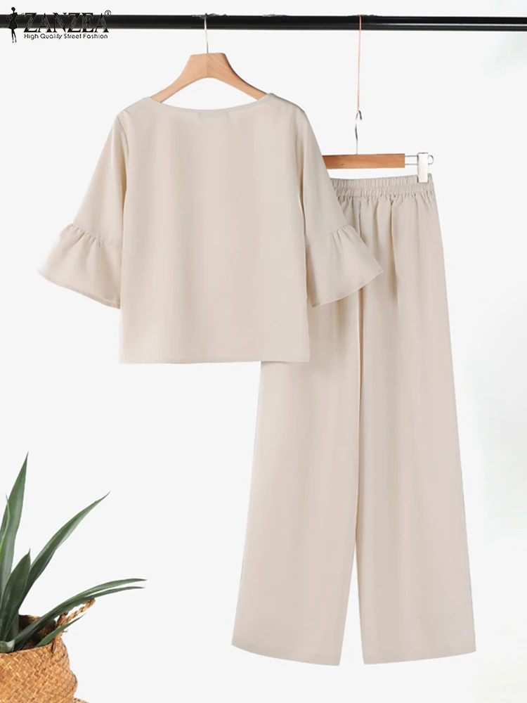 ZANZEA-Ensembles de pantalons de travail pour femmes, tenue élégante, blouse à demi-manches, monochromatique, fjSuits, survêtement décontracté, avocat, 2024, 2 pièces