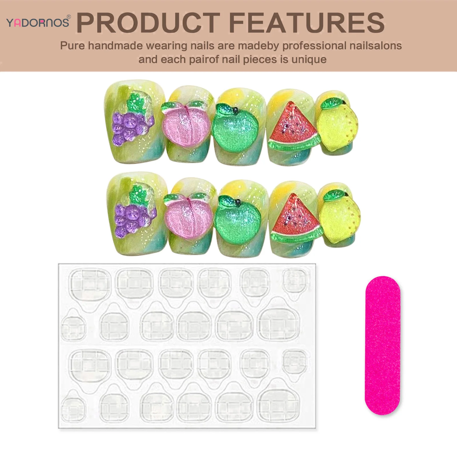 Uñas postizas 3D hechas a mano para manicura, 10 piezas, verde, amarillo, uva, sandía, melocotón, limón, manzana