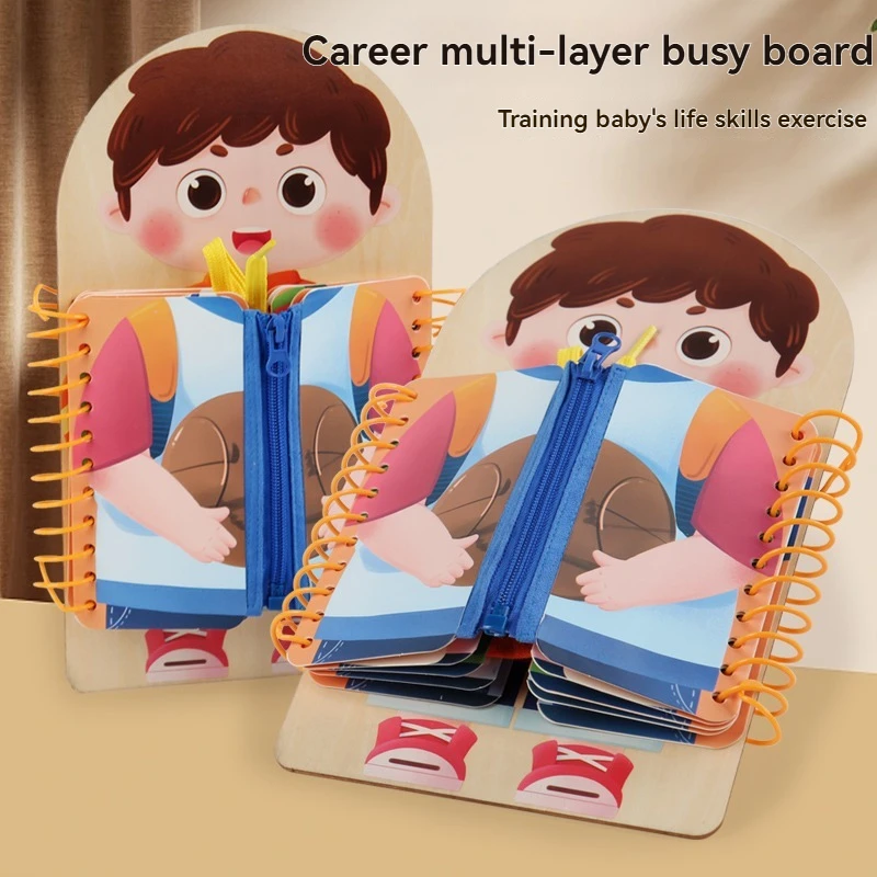 Montessori ของเล่นการศึกษาเด็กทักษะชีวิตผูกเชือกผูกรองเท้าซิปหัวเข็มขัดไม้ Multi-Layer Busy BOARD ปริศนาของขวัญ