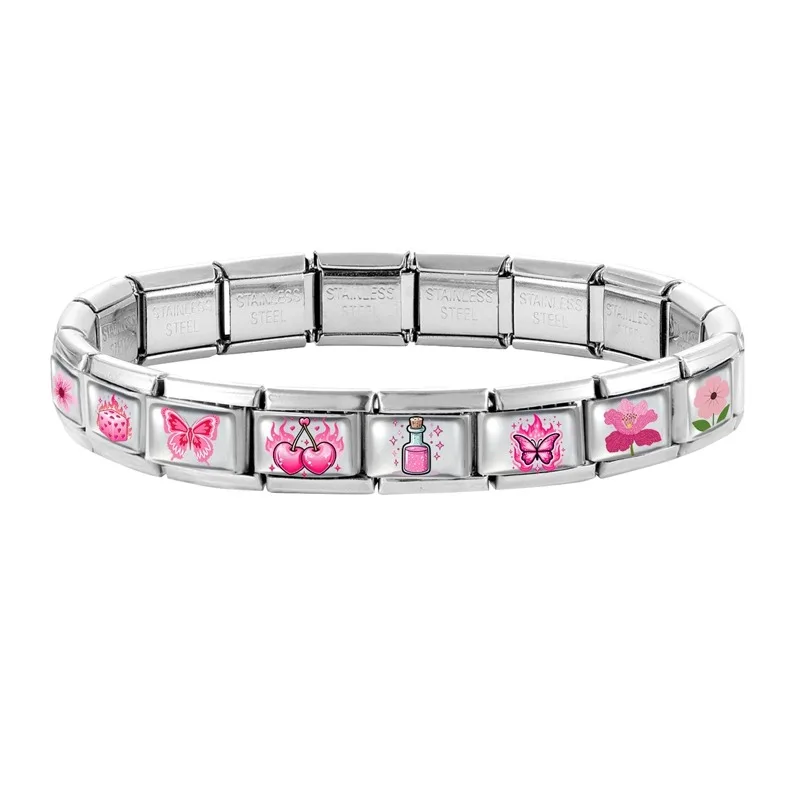 New Popular Fashion Sweet Pink Butterfly Cherry Flower Planet Charm Links Fit 9mm Stainless Steel Bracelet Making DIY Jewelry