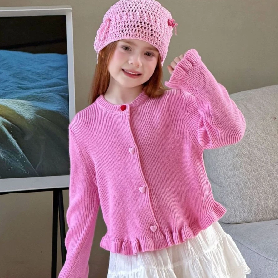 

Детский свитер для девочек 2026: Новая коллекция весна-лето, корейский стиль, милый вязаный кардиган с кружевом для малышей, простой повседневный вариант