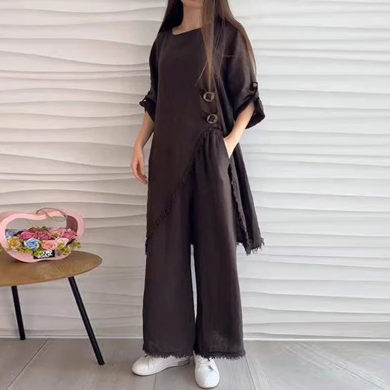 Vintage Clothes Women 2024 Spring Round Neck Side Slit Long Top & Long Pants Outfit Set Summer Solid Half Sleeve Irregular Suits