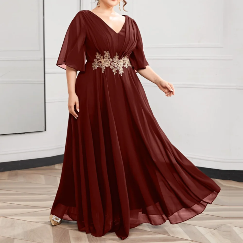 

customized Oversize V-Neck Dubai bride's mother's dress A-Line Half Sleeve Lace Appliques Chiffon bridesmaid dress Long Party