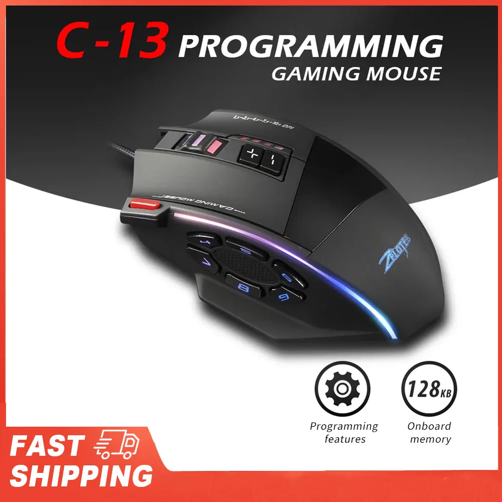 Zelotes C-13 mouse para jogos com fio 13 teclas 10000dpi rgb luz mouse cinto 128kb memória integrada mecanismo de contrapeso embutido