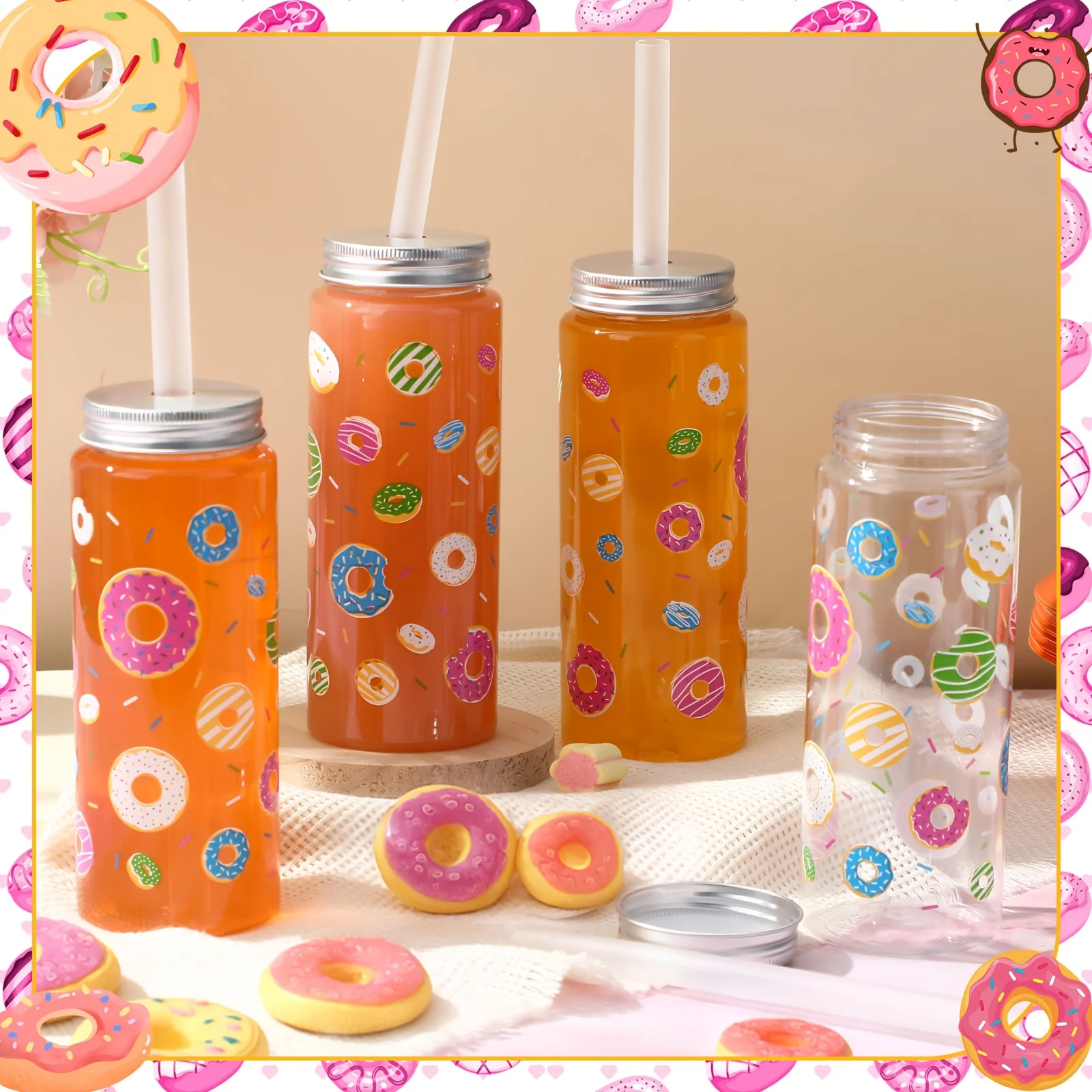 

24pcs Reusable Plastic Cups with Lids & Straws 14oz - Donut-Themed Tumblers Suitable for Iced Coffee, Preppy Decorations
