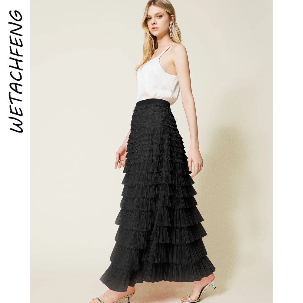 

Women Clothes Autumn Ball Gown Black Sexy Skirts Elegant France High Waist A-line Gauze Gothic Maxi Pleated Mesh Skirts Fashion