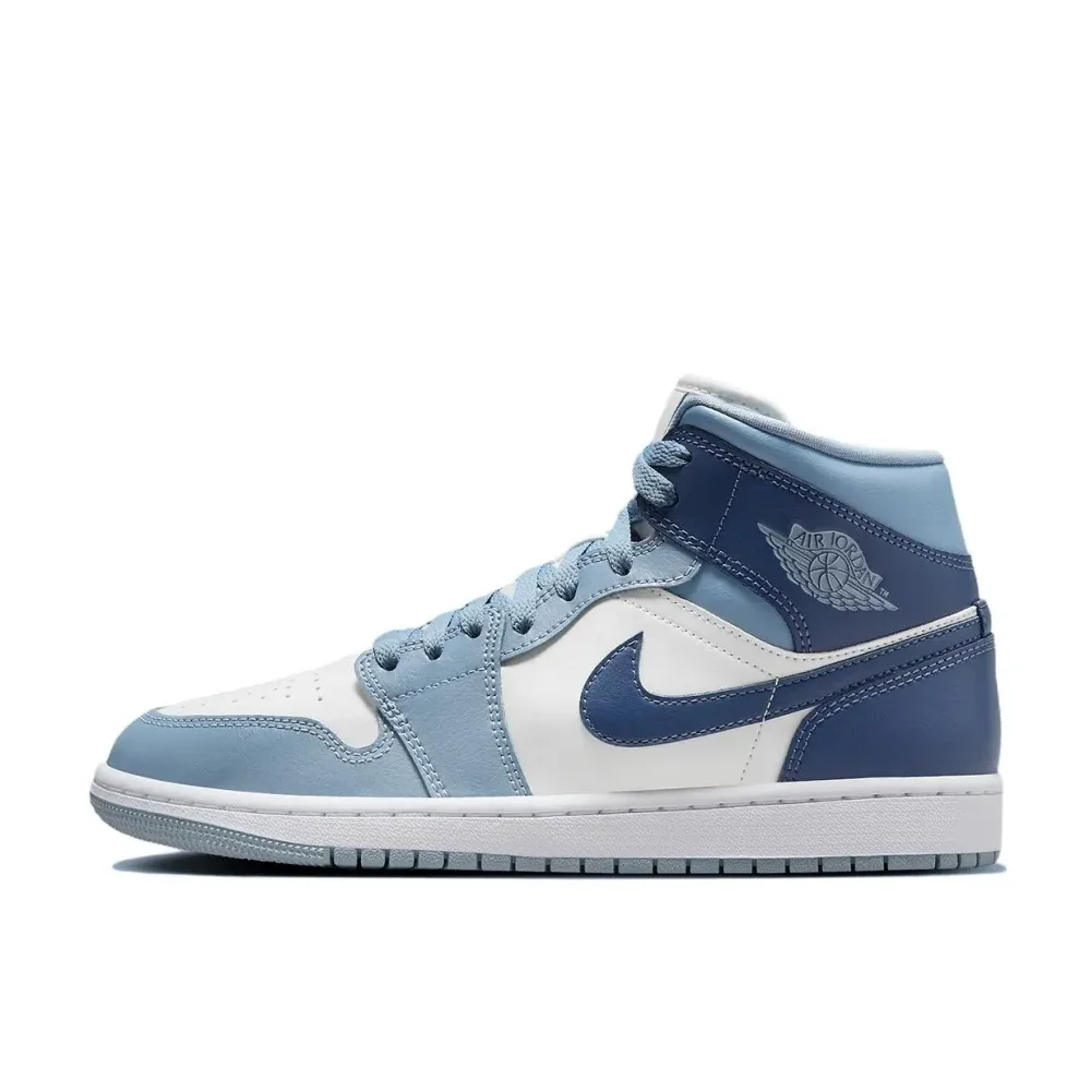 Nike White and Blue Colorway Air Jordan 1 MID Original Fashion Men's and Women's Mid Top Basketball Shoes