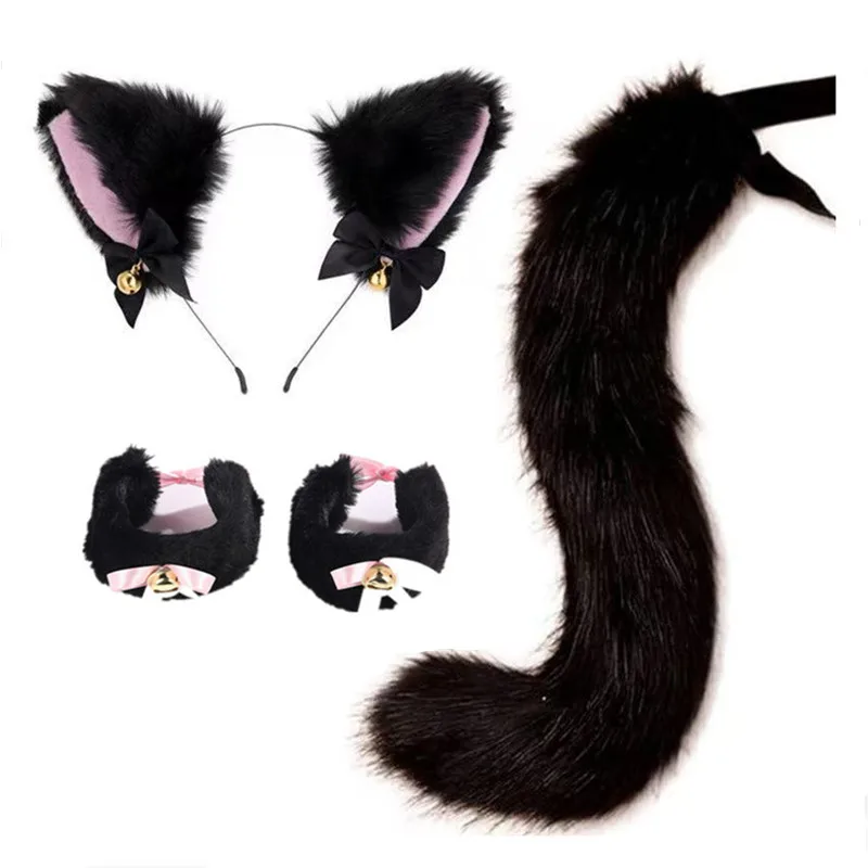 Handgefertigte Katzenohren-Glocken-Stirnband- und Schwanz-Accessoire-Sets, schwarz, pelzig, für Halloween, Cosplay, Party, Tanz, Performance, Bekleidung, Kostüm-Requisiten – Detail 9