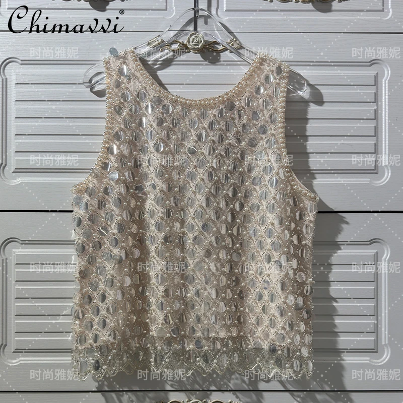 ヘビービッグスパンコール高級ベストパールトップ多用途女性の夏の新ファッションノースリーブクルーネックパフォーマンス服ルーズタンク