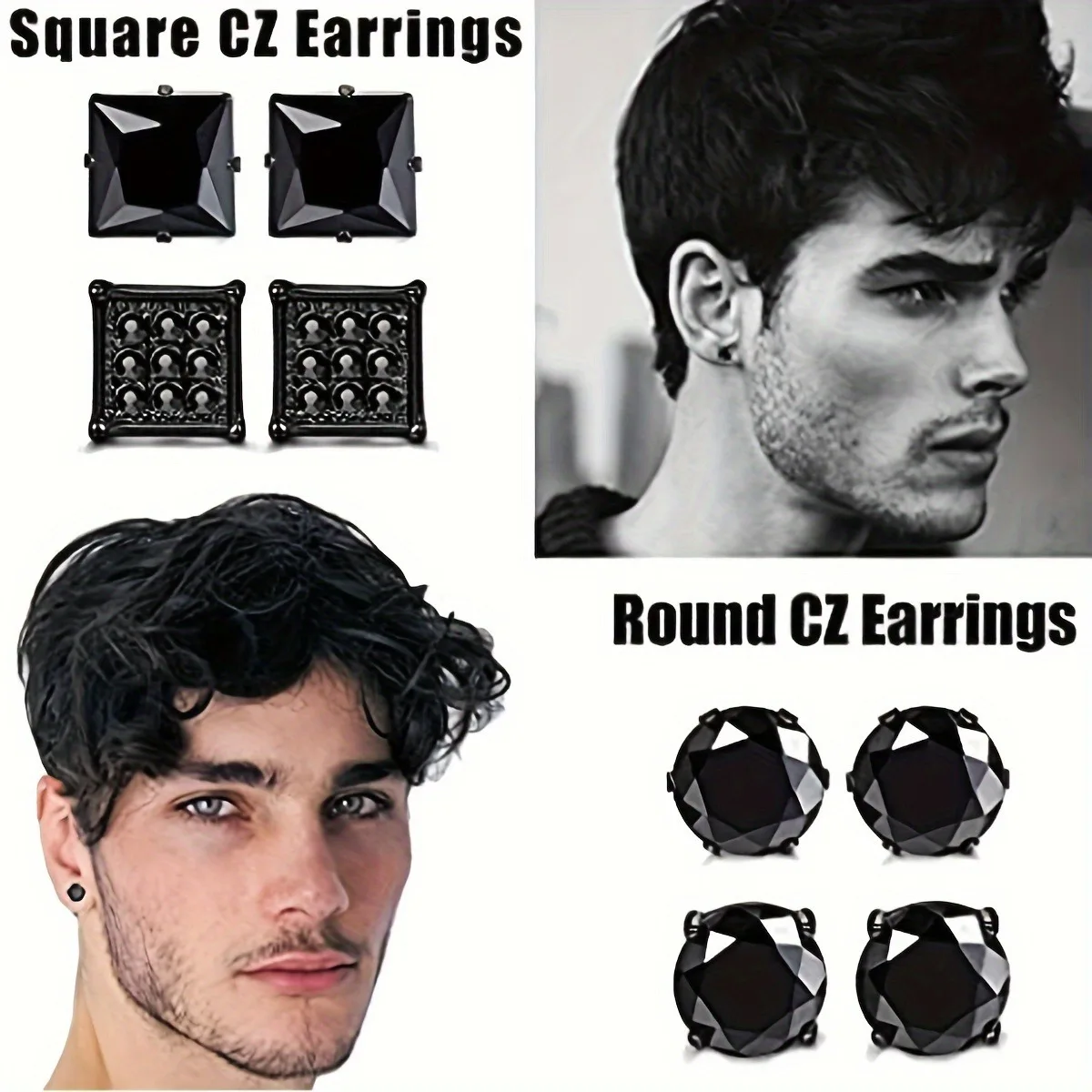 5 Pairs Stainless Steel Stud Earrings For Men, Cubic Zirconia Round Square Stud Earrings, Holiday Party Gift