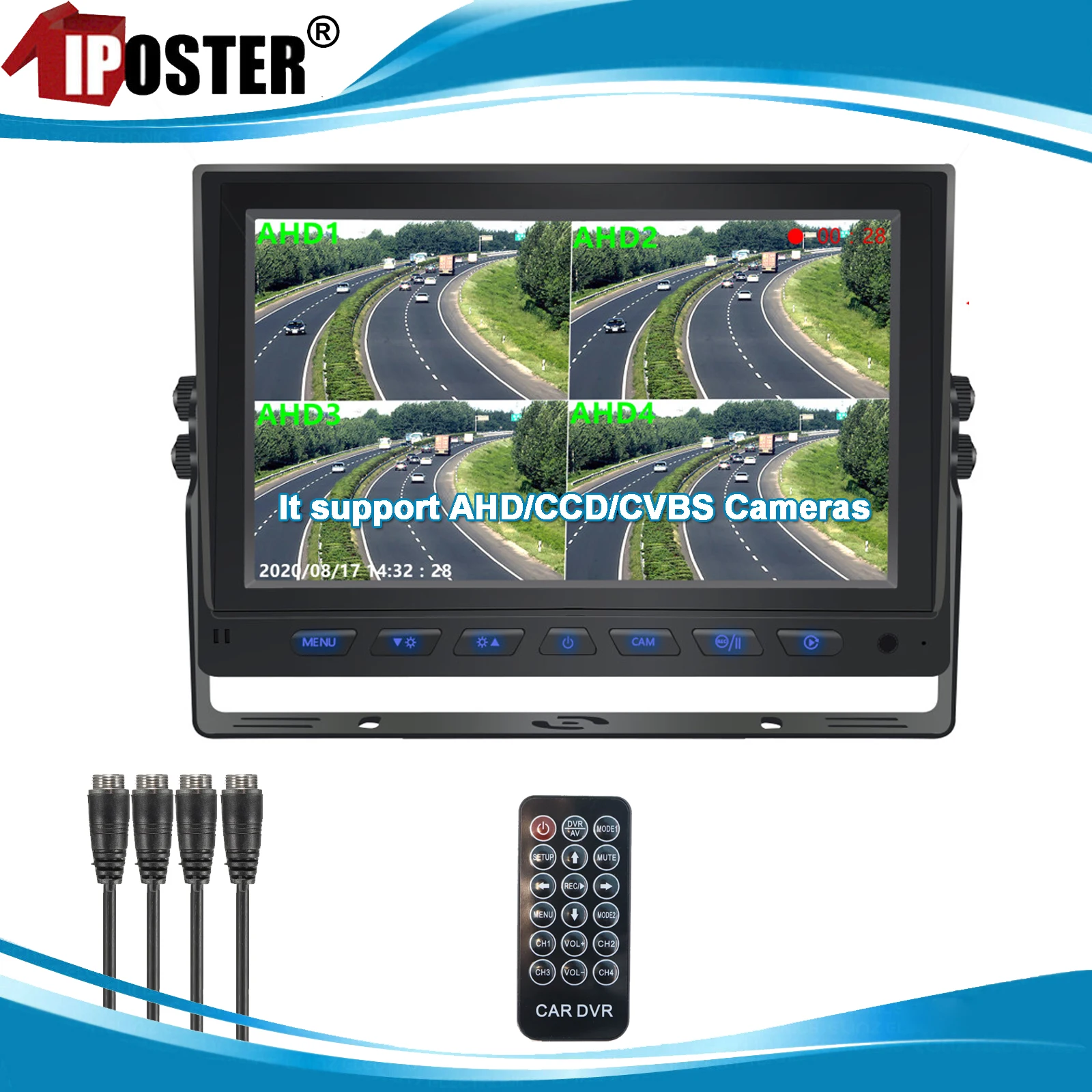 

iPoster 10.1 Inch IPS Screen Quad Monitor Split Screen DVR Loop Recording AHD CCD CVBS Compatible 12-36v For Truck Bus Caravan