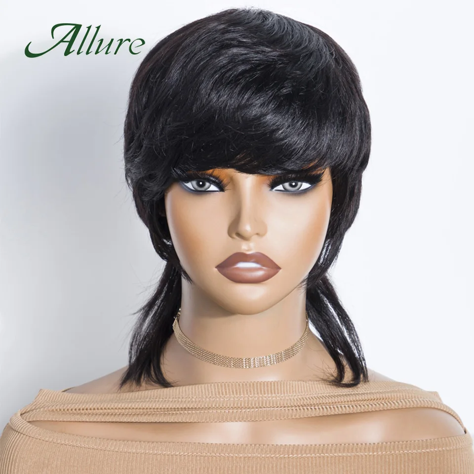 Pixies Human Hair Wigs For Women Brazilian Straight Hair Wig With Bangs 12 inch Natural Black Color Hair Full Machine Wig Allure