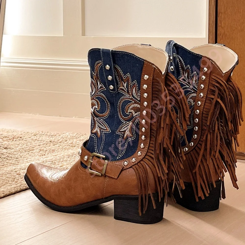 2026 Retro Brown Denim Patch Fringe Cowboy Boots Women Embroidery Rivet Buckle Mid Calf Block Heel Western Country Boots