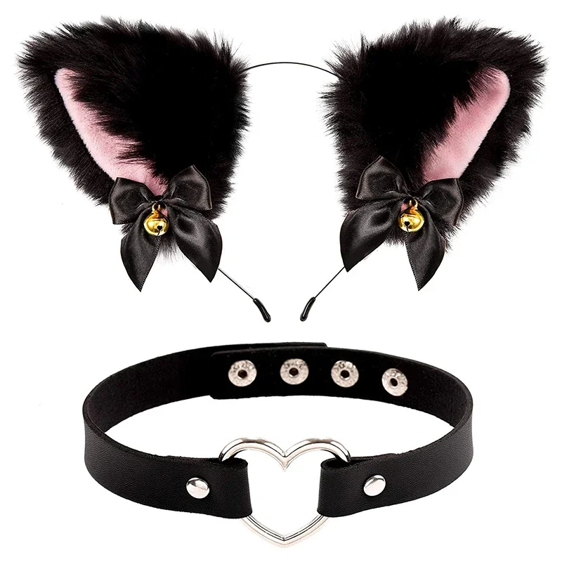 Cat Ear Bow Headband Necklace Cat Claw Gloves Cosplay Plush Bell Hairband Women Girl Masquerade Party Headwear Hair Accessories