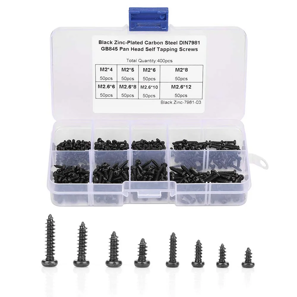 400Pcs M2*4/5/6/8 M2.6*6/8/10/12 Cross Pan Head Self Tapping Screws Set  Assortment Kit for Plastic,Wood,Soft Metal,etc