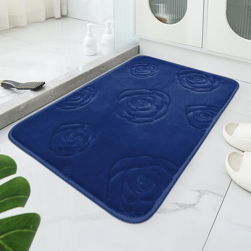 1pc Bath Rugs Rose Flower Embossed Bathroom Bath Mat Flannel Non-Slip Carpet Bathtub Floor Rug Shower Room Doormat Mat for Bathr