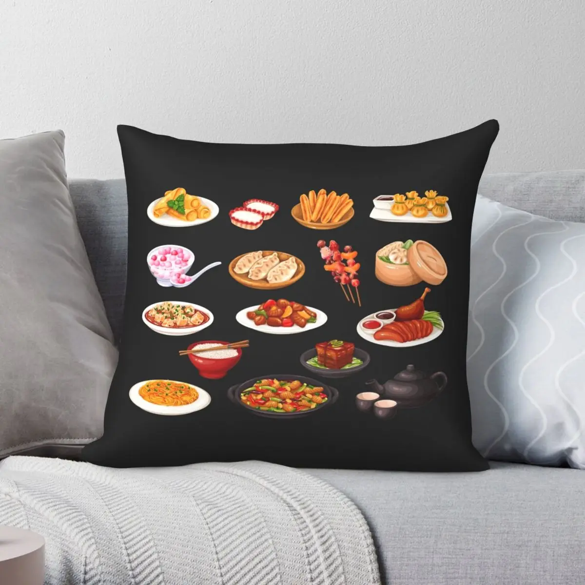 Assorted Chinese Cuisine Food Square Pillowcase Polyester Linen Velvet Creative Zip Decor Pillow Case Sofa Cushion Cover