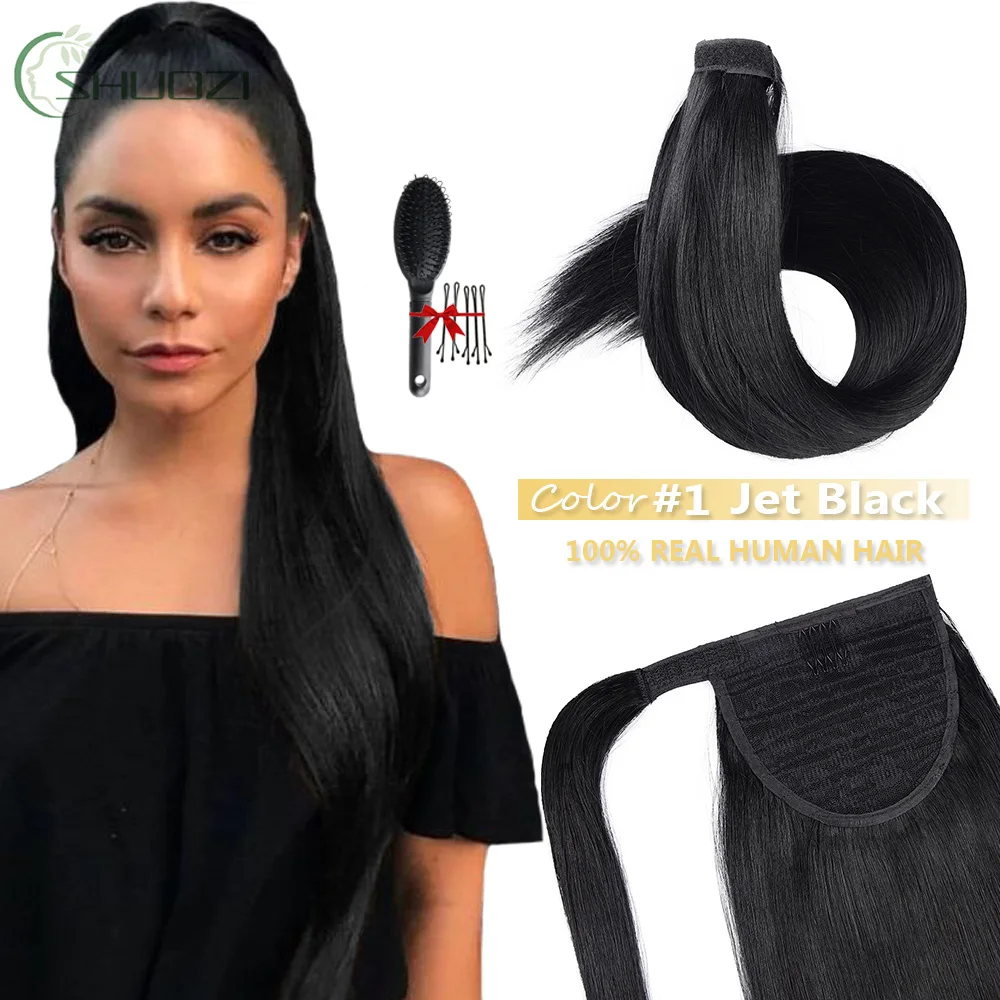 Jet Black Ponytail Hair Extension Real Human Hair Magic Paste Hair Pieces For Women Ponytail One Piece Wrap Ponytail Human Hair