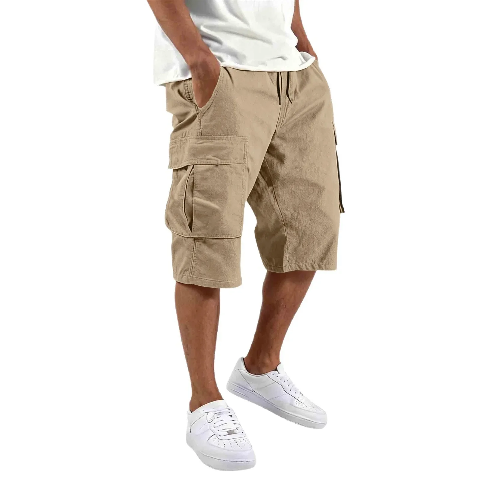 Immagine 4: Nuovi pantaloncini da uomo estivi 2026, pantaloncini casual con molte tasche, pantaloncini da uomo alla moda in tinta unita, pantaloni da lavoro con coulisse