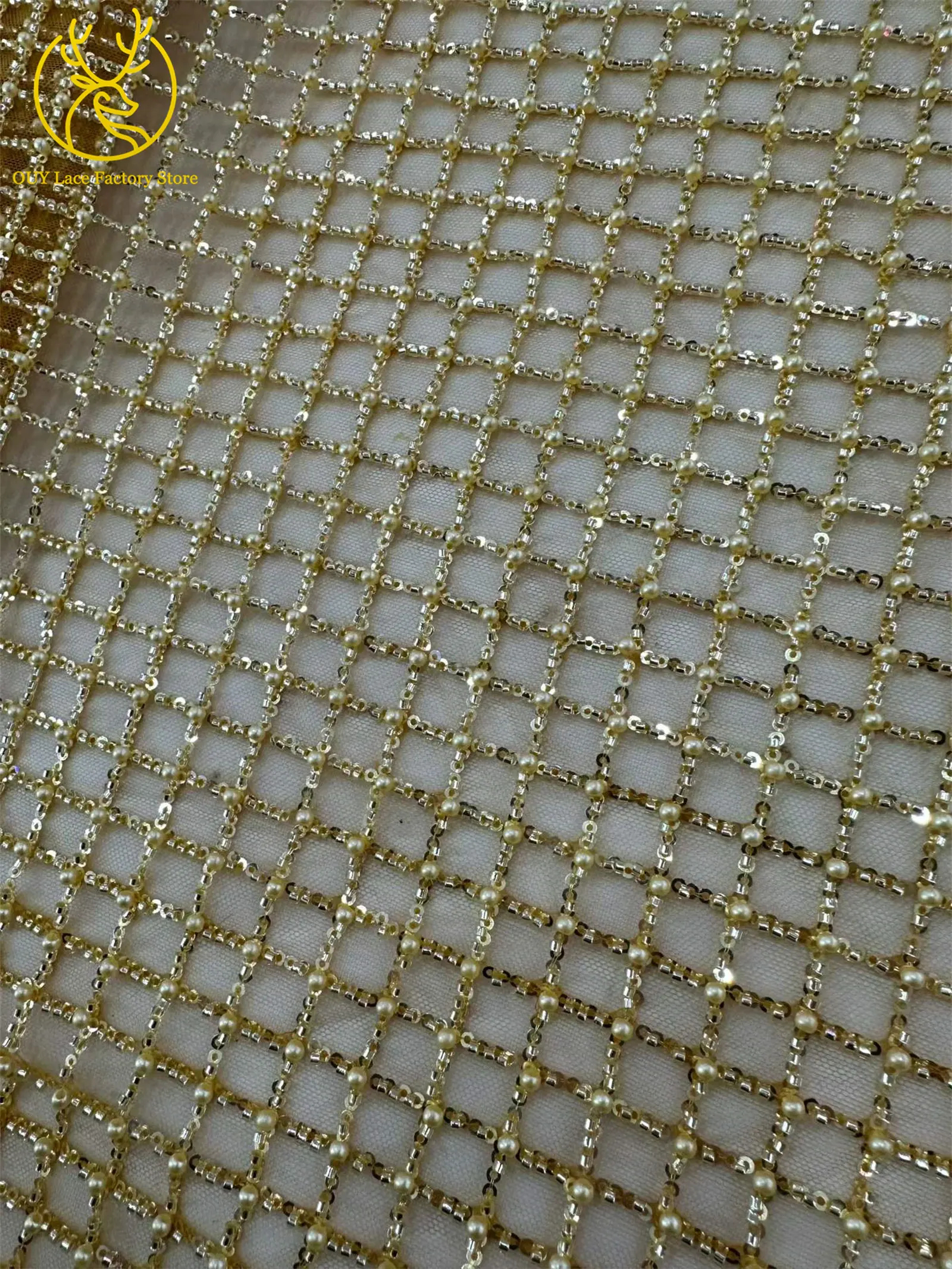 Goldener Luxus-Karostoff mit Perlen und Tüllspitze 2026 – Hochwertige afrikanische nigerianische Pailletten-Mesh-Spitze für Damen-Partykleider zum Nähen – Detail 7
