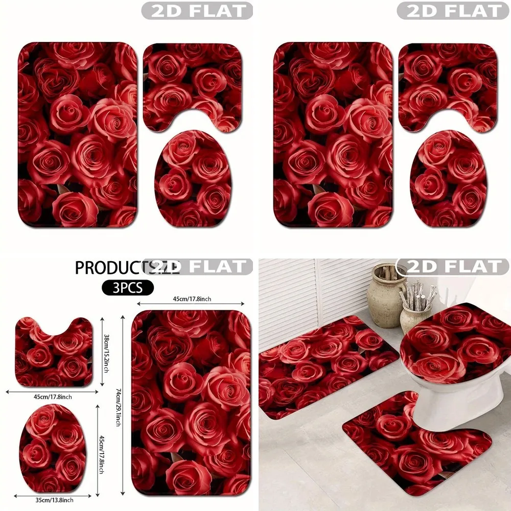 

2D Flat 3pcs Bathroom Rug Set Red Roses Pattern Print Non-Slip Washable Floor Mat Decor for Bathroom Kitchen Bedroom Includes