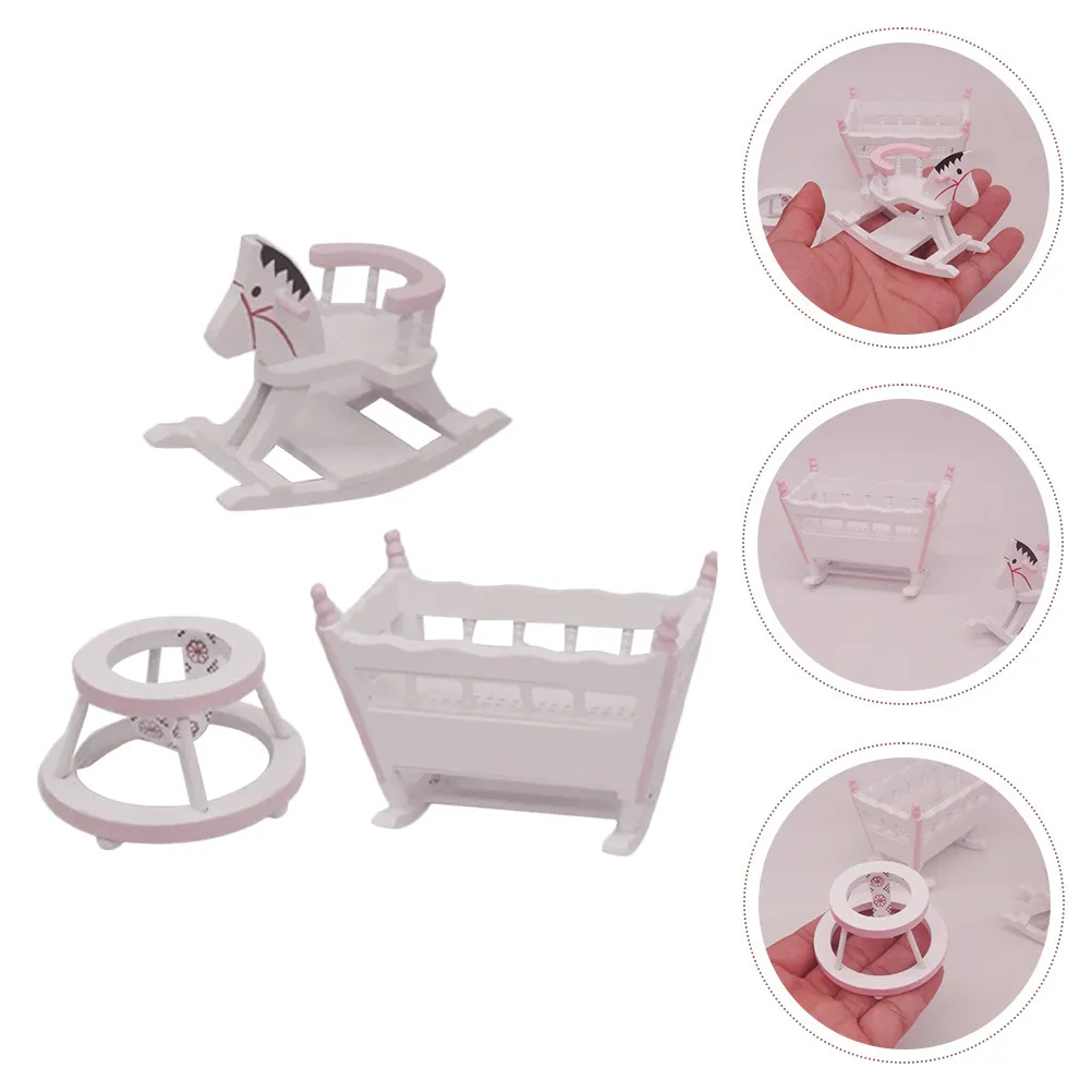 

1Set Dollhouse Furniture House Decor Mini Nursery Cradle Rocking Horse Chair Set for Kids Room DIY Creative Photo Props