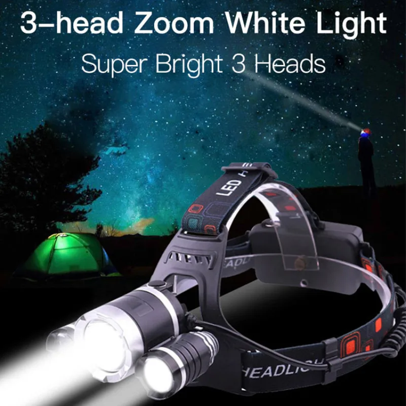 

LED outdoor camping strong light aluminum alloy high power 30W triple head lithium battery rechargeable zoom fishing headlamp