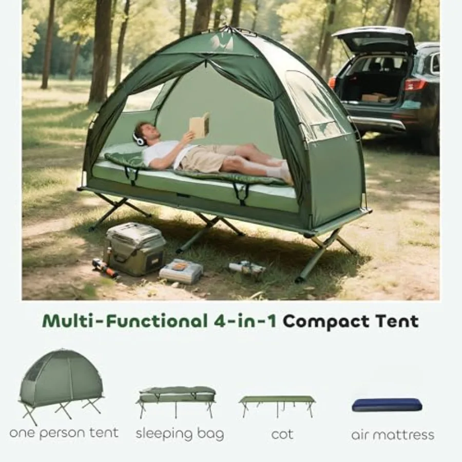 6-in-1 Folding Camping Tent Cot for Single Person Compact Outdoor Shelter with Built-in Cot, Lightweight Quick Setup, Ideal for