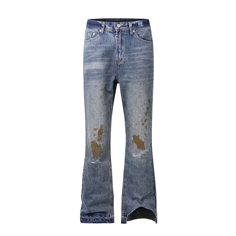 Irregular Feet Hole Ripped Distressed Blue Jeans Pants for Men and Women High Street Washed Frayed Casual Baggy Denim Trousers