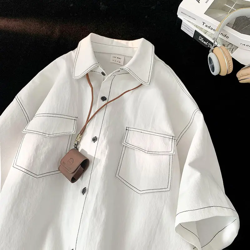 Japanese neutral style short sleeved men summer shirt top design niche loose lapel shirt casual workwear jacket trend shirt y2k