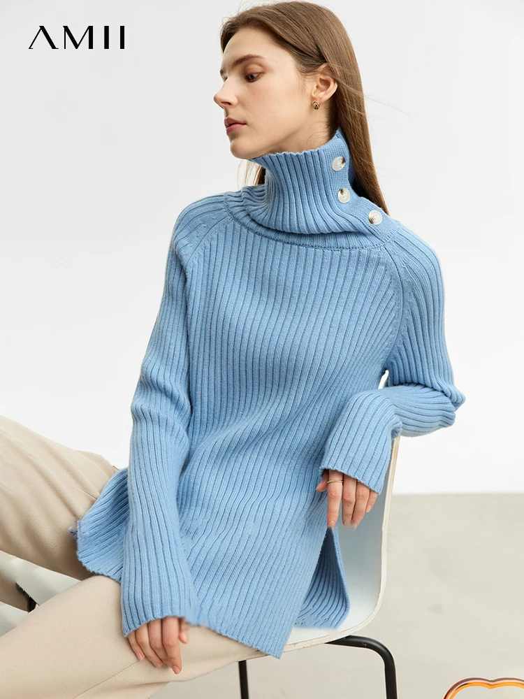 AMII Minimalist Sweaters For Woman 2024 Wnter New Medium Long Slim Turtleneck Raglan Sleeve Basics Pullovers Knit Tops 12344193