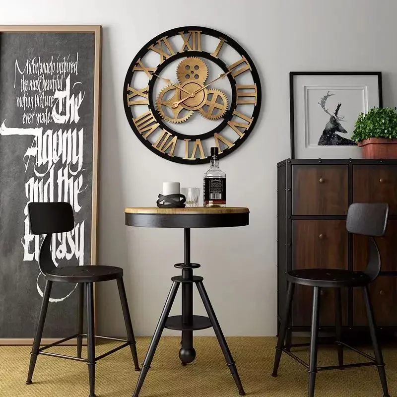 3d retro estilo industrial relógio de parede madeira europeia casa relógio de parede decoração para sala estar escritório barra arte decoração da parede horologe