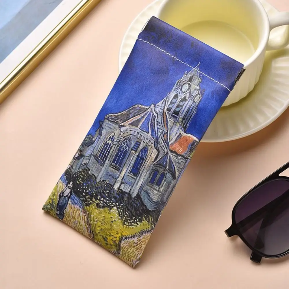 The Church At Auvers Sun Glasses Case Oil Painting Pattern PU Leather Cosmetic Bag Waterproof Automatic Closing Lipstick Case