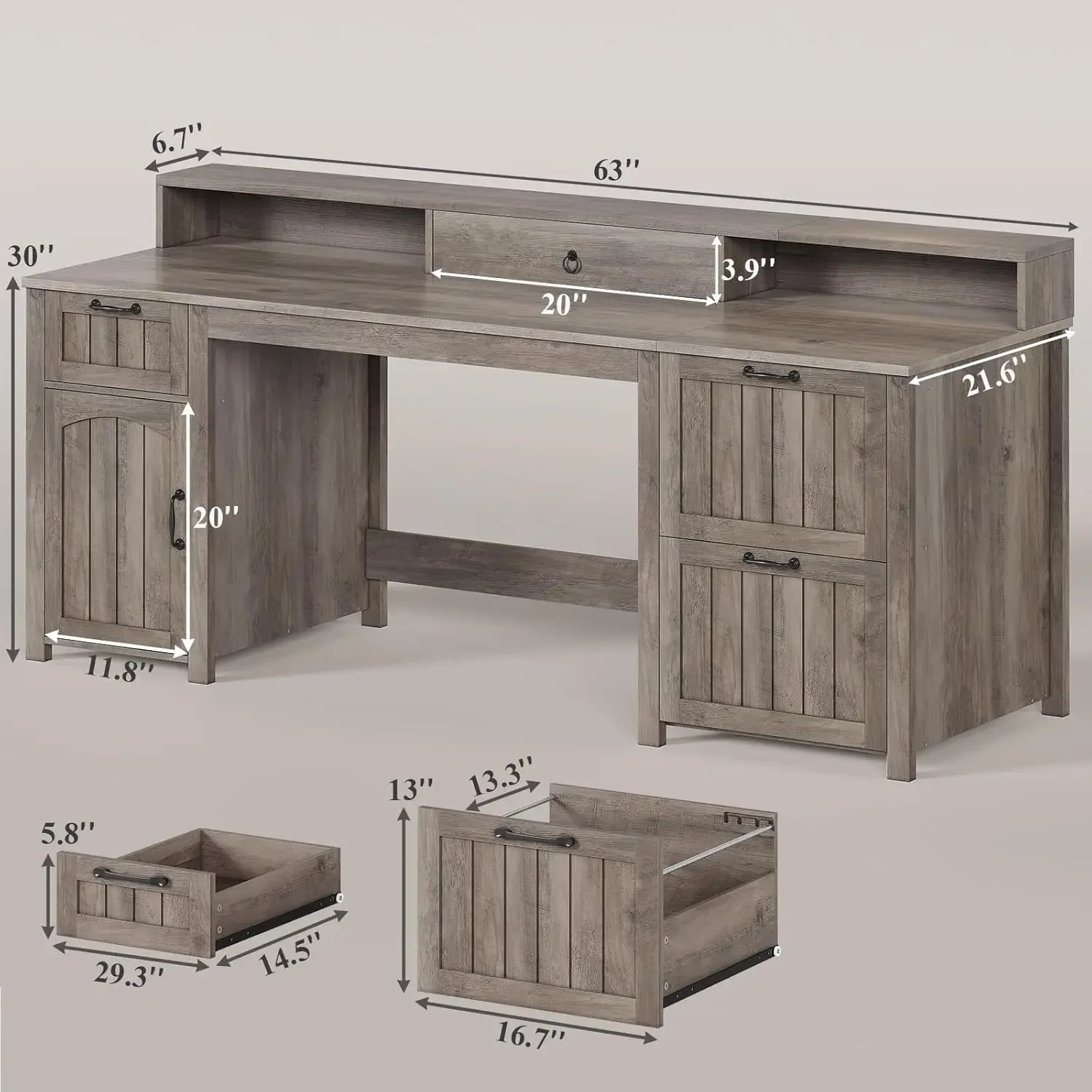 "Farmhouse 63” Executive Desk, Wooden Computer Desk with Drawers & Storage – Includes File Cabinet for Home Office Organizatio image 6