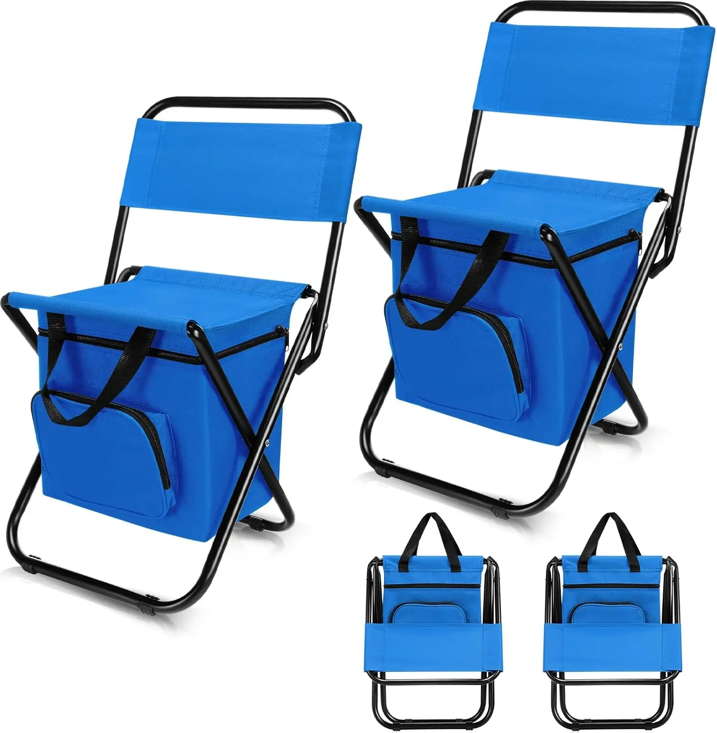 

2-Pack Foldable Fishing Chair with Cooler Bag, Backrest & Storage - Portable for Camping, Hunting, Travel (Blue)