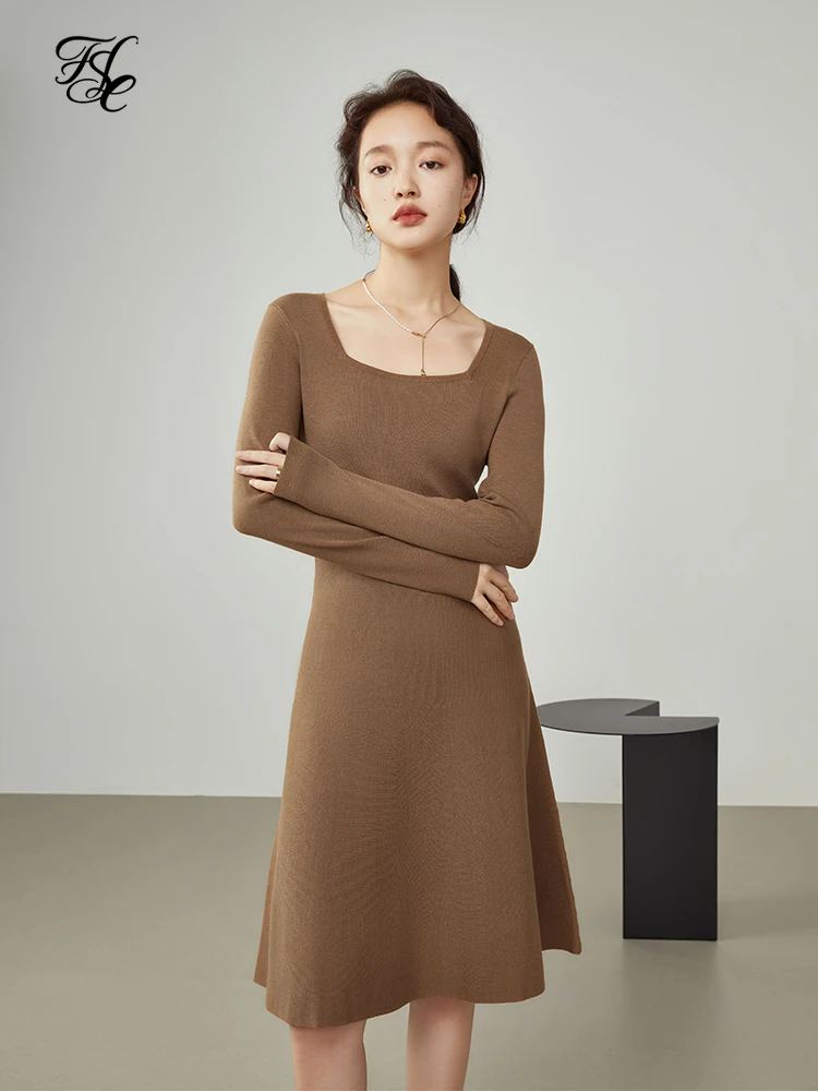 

FSLE Women Winter Retro Square Neck Black Knitted Dress 2021 New Thick Warm Knee-length Pullover Dress Women A-line Skirt